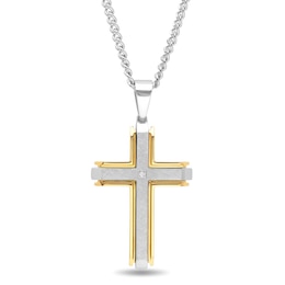 Men's Diamond Accent Multi-Finish Slope-Ends Layered Industrial Cross Pendant in Stainless Steel and Yellow IP - 24&quot;