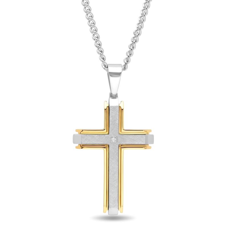 Main Image 1 of Men's Diamond Accent Multi-Finish Slope-Ends Layered Industrial Cross Pendant in Stainless Steel and Yellow IP - 24"