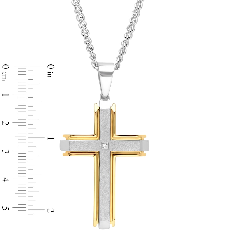Main Image 2 of Men's Diamond Accent Multi-Finish Slope-Ends Layered Industrial Cross Pendant in Stainless Steel and Yellow IP - 24"