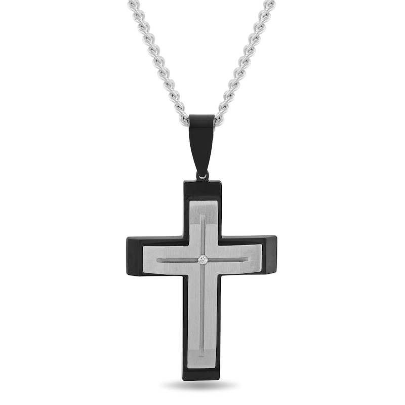 Men's Diamond Accent Grooved Multi-Finish Slope-Ends Layered Cross Pendant in Stainless Steel and Black IP - 24"