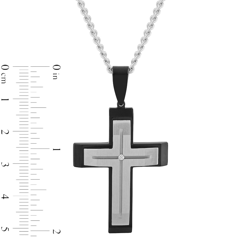 Men's Diamond Accent Grooved Multi-Finish Slope-Ends Layered Cross Pendant in Stainless Steel and Black IP - 24"
