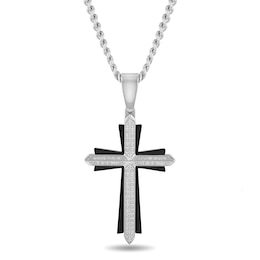 Men's 0.32 CT. T.W. Diamond Knife Edge Layered Gothic-Style Cross Pendant in Stainless Steel and Black IP - 24&quot;