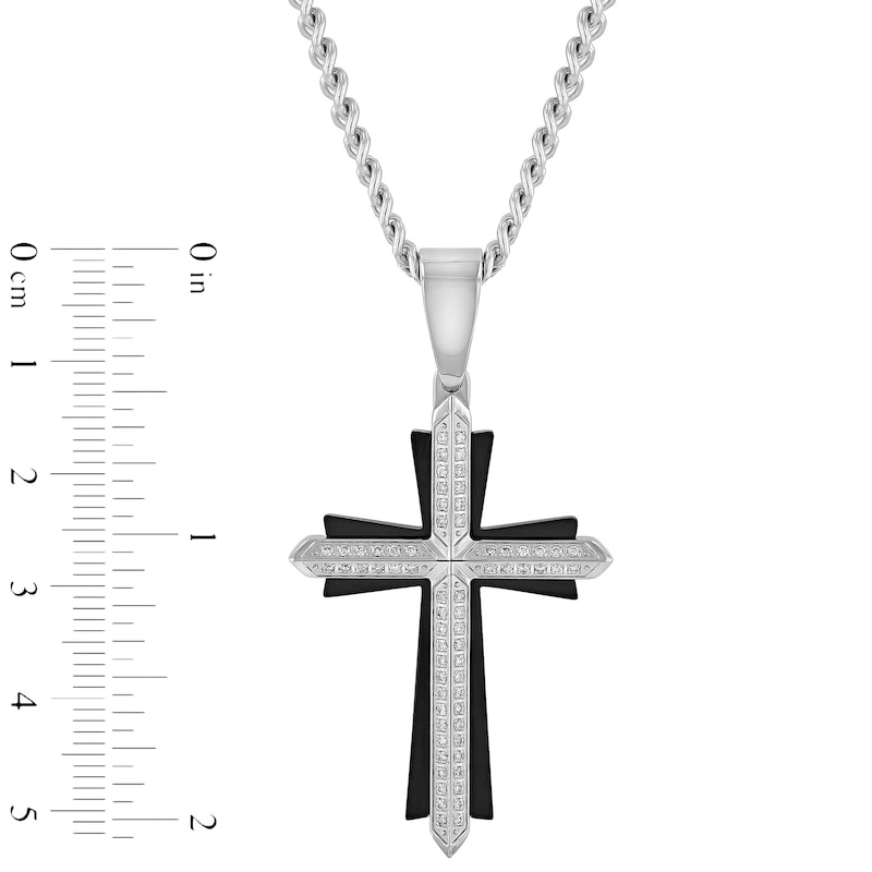 Main Image 2 of Men's 0.32 CT. T.W. Diamond Knife Edge Layered Gothic-Style Cross Pendant in Stainless Steel and Black IP - 24"