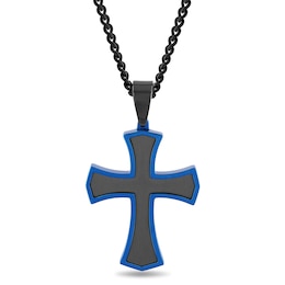 Men's Multi-Finish Inlay Point-Ends Gothic-Style Cross Pendant in Stainless Steel with Black and Blue IP - 24"