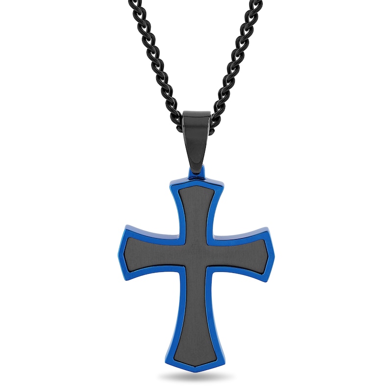 Main Image 1 of Men's Multi-Finish Inlay Point-Ends Gothic-Style Cross Pendant in Stainless Steel with Black and Blue IP - 24"