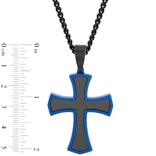 Men's Multi-Finish Inlay Point-Ends Gothic-Style Cross Pendant in Stainless Steel with Black and Blue IP - 24"