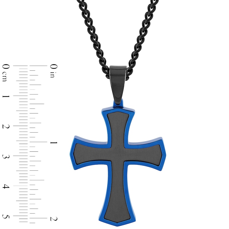 Main Image 2 of Men's Multi-Finish Inlay Point-Ends Gothic-Style Cross Pendant in Stainless Steel with Black and Blue IP - 24"