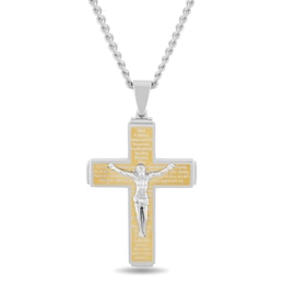 Men's Multi-Finish Step-Ends Lord's Prayer Crucifix Pendant in Stainless Steel and Yellow IP - 24"