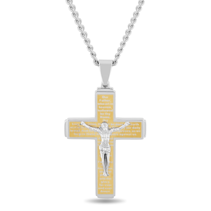 Men's Multi-Finish Step-Ends Lord's Prayer Crucifix Pendant in Stainless Steel and Yellow IP - 24"|Peoples Jewellers