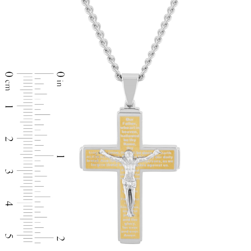 Men's Multi-Finish Step-Ends Lord's Prayer Crucifix Pendant in Stainless Steel and Yellow IP - 24"|Peoples Jewellers