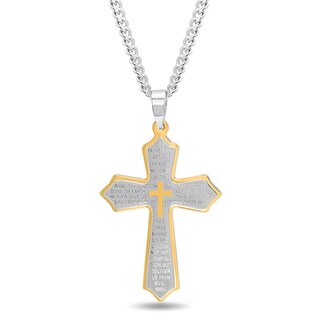 Men's Multi-Finish Point-Ends Lord's Prayer Layered Cross Pendant in Stainless Steel and Yellow IP - 24"