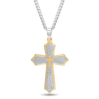 Men's Multi-Finish Point-Ends Lord's Prayer Layered Cross Pendant in Stainless Steel and Yellow IP - 24"