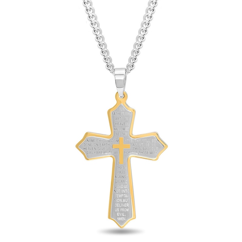 Main Image 1 of Men's Multi-Finish Point-Ends Lord's Prayer Layered Cross Pendant in Stainless Steel and Yellow IP - 24"