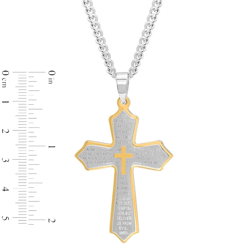 Main Image 2 of Men's Multi-Finish Point-Ends Lord's Prayer Layered Cross Pendant in Stainless Steel and Yellow IP - 24"