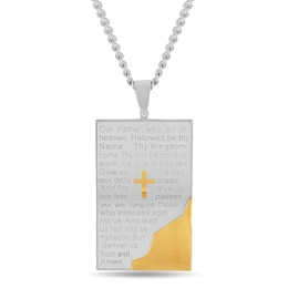 Men's Multi-Finish Bevelled Edge Lord's Prayer Tablet and Cross Dog Tag Pendant in Stainless Steel and Yellow IP - 24"