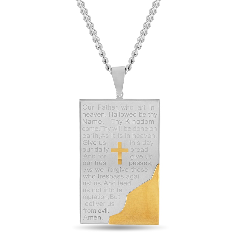 Men's Multi-Finish Bevelled Edge Lord's Prayer Tablet and Cross Dog Tag Pendant in Stainless Steel and Yellow IP - 24"|Peoples Jewellers