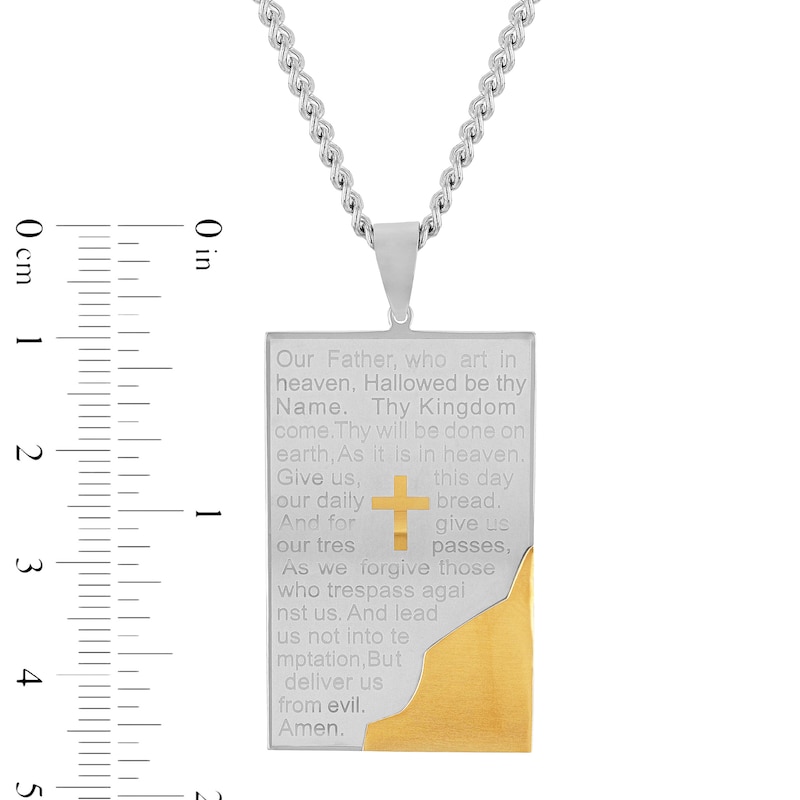 Main Image 2 of Men's Multi-Finish Bevelled Edge Lord's Prayer Tablet and Cross Dog Tag Pendant in Stainless Steel and Yellow IP - 24"