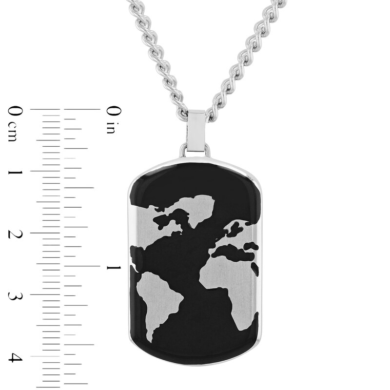 Men's Multi-Finish World Map Dog Tag Pendant in Stainless Steel and Black IP with Black Resin - 24"