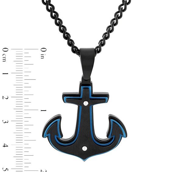 Men's Multi-Finish Riveted Stacked Anchor Pendant in Stainless Steel with Black and Blue IP - 24"