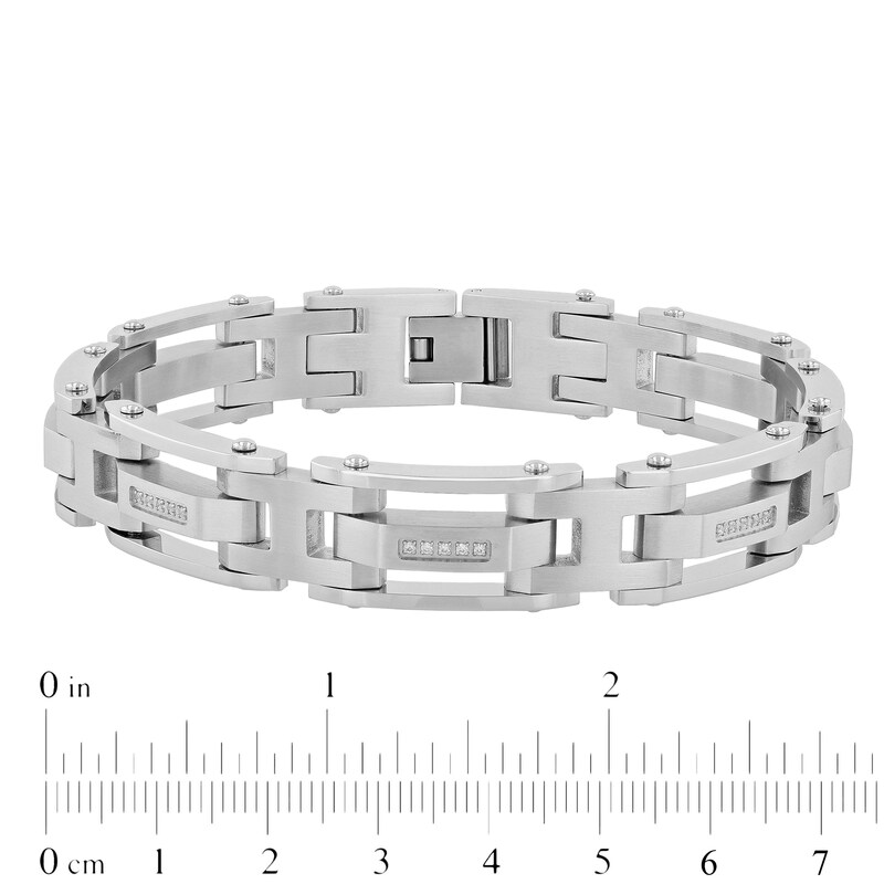 Main Image 3 of Men's 0.15 CT. T.W. Diamond Multi-Finish Triple Row Link Bracelet in Stainless Steel - 8.5"