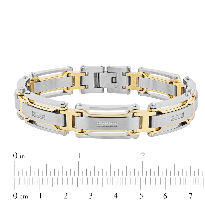 Main Image 3 of Men's 0.15 CT. T.W. Diamond Multi-Finish Triple Row Industrial Link Bracelet in Stainless Steel and Yellow IP - 8.5"