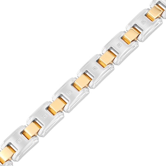 Men's 0.10 CT. T.W. Diamond Multi-Finish Stepped Edge Solid Link Bracelet in Stainless Steel and Yellow IP - 8.5"