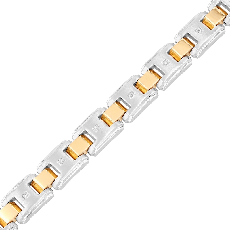 Men's 0.10 CT. T.W. Diamond Multi-Finish Stepped Edge Solid Link Bracelet in Stainless Steel and Yellow IP - 8.5"|Peoples Jewellers