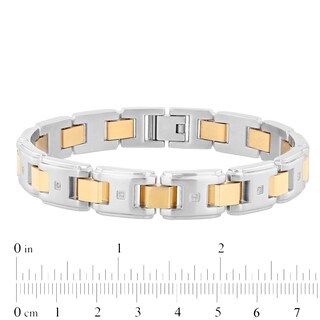 Men's 0.10 CT. T.W. Diamond Multi-Finish Stepped Edge Solid Link Bracelet in Stainless Steel and Yellow IP - 8.5"
