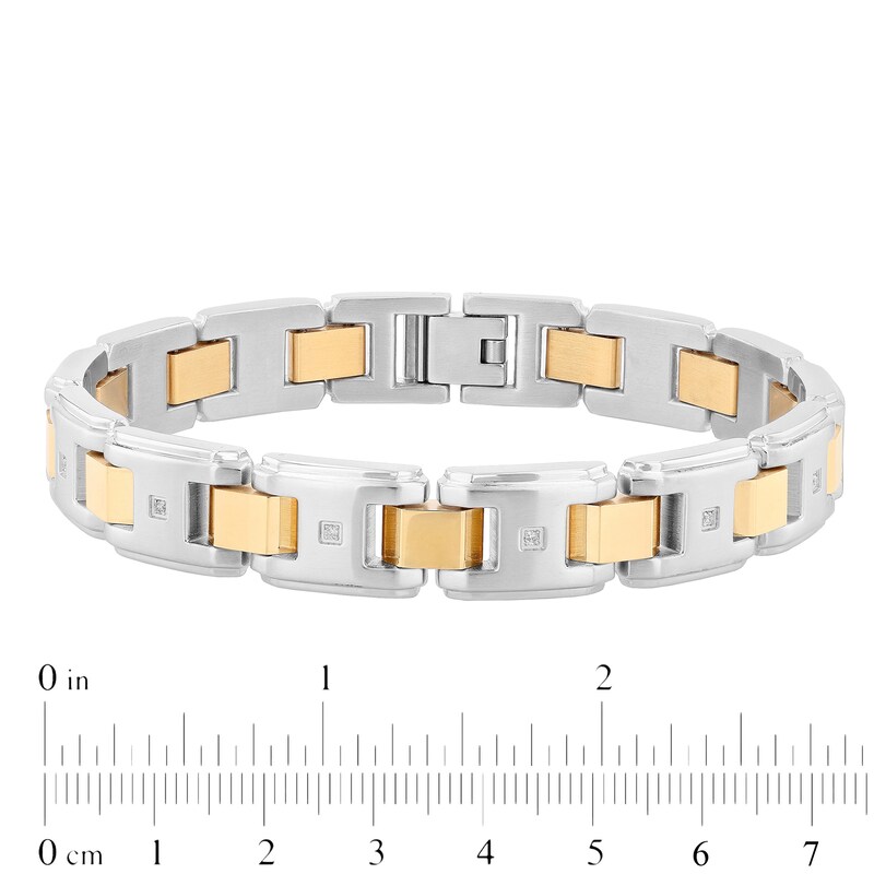 Men's 0.10 CT. T.W. Diamond Multi-Finish Stepped Edge Solid Link Bracelet in Stainless Steel and Yellow IP - 8.5"