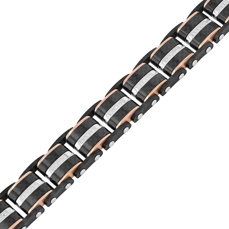 Men's 0.31 CT. T.W. Diamond Riveted Multi-Row Link Bracelet in Stainless Steel with Black and Rose IP - 8.5"|Peoples Jewellers