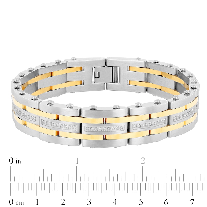 Main Image 3 of Men's 0.49 CT. T.W. Diamond Alternating Multi-Row Link Bracelet in Stainless Steel and Yellow IP - 8.5"