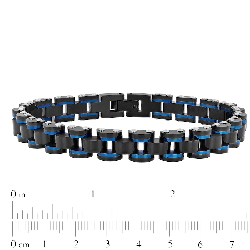 Men's 8.75mm Multi-Finish Riveted Dome Link Bracelet in Stainless Steel with Black and Blue IP - 8.5"|Peoples Jewellers