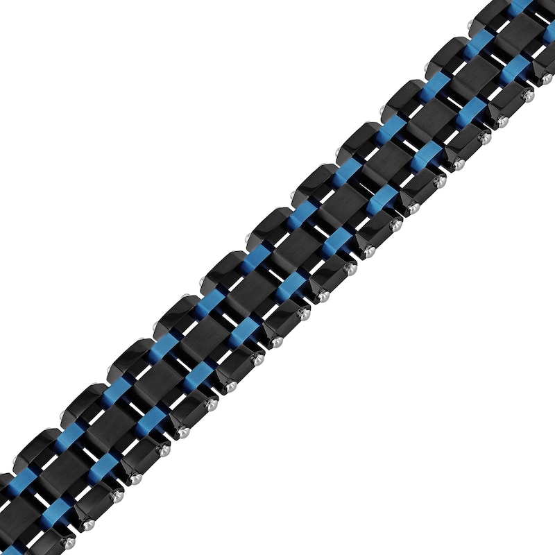 Men's 17.0mm Riveted Multi-Row Brick Pattern Link Bracelet in Stainless Steel with Black and Blue IP - 8.75"|Peoples Jewellers