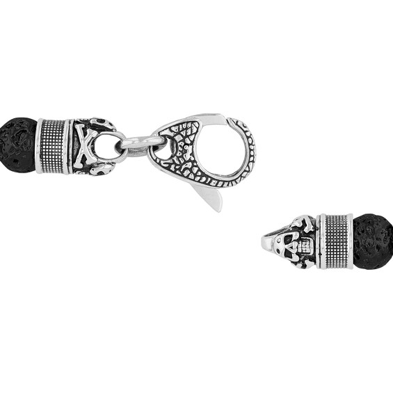 Men's 10.0mm Black Lava and Disc Bead with Skull and Crossbones Bracelet in Stainless Steel and Gunmetal Grey IP - 8.5"