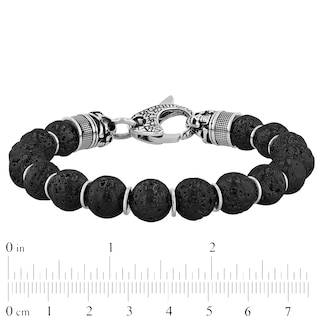 Men's 10.0mm Black Lava and Disc Bead with Skull and Crossbones Bracelet in Stainless Steel and Gunmetal Grey IP - 8.5"