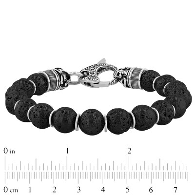 Men's 10.0mm Black Lava and Disc Bead with Skull and Crossbones Bracelet in Stainless Steel and Gunmetal Grey IP - 8.5"