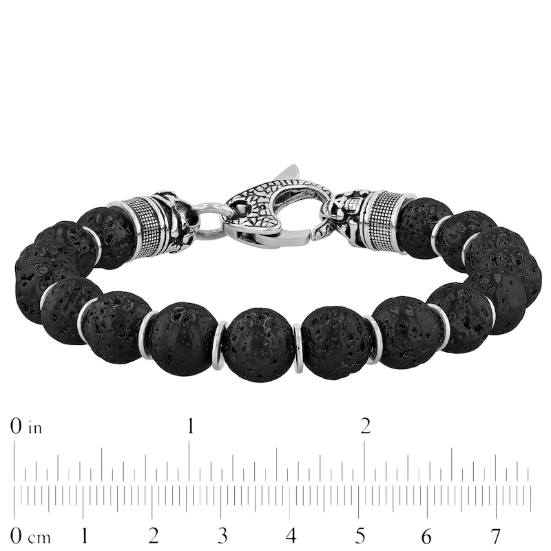 Men's 10.0mm Black Lava and Disc Bead with Skull and Crossbones Bracelet in Stainless Steel and Gunmetal Grey IP - 8.5"