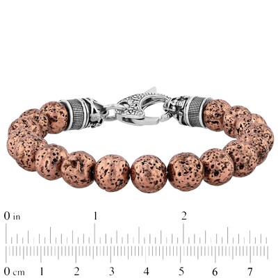 Men's 10.0mm Rose Lava Bead with Skull and Crossbones Bracelet in Stainless Steel with Gunmetal Grey and Rose IP - 8.5"