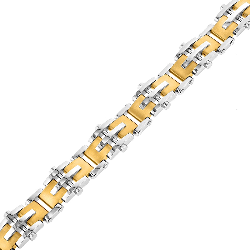 Men's 15.0mm Multi-Finish Riveted Mirrored Link Bracelet in Stainless Steel and Yellow IP - 8.5"|Peoples Jewellers