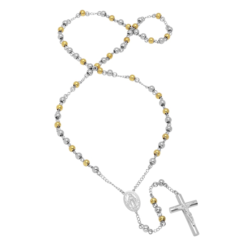 Main Image 1 of Men's Beaded Rosary in Stainless Steel and Yellow IP - 31"
