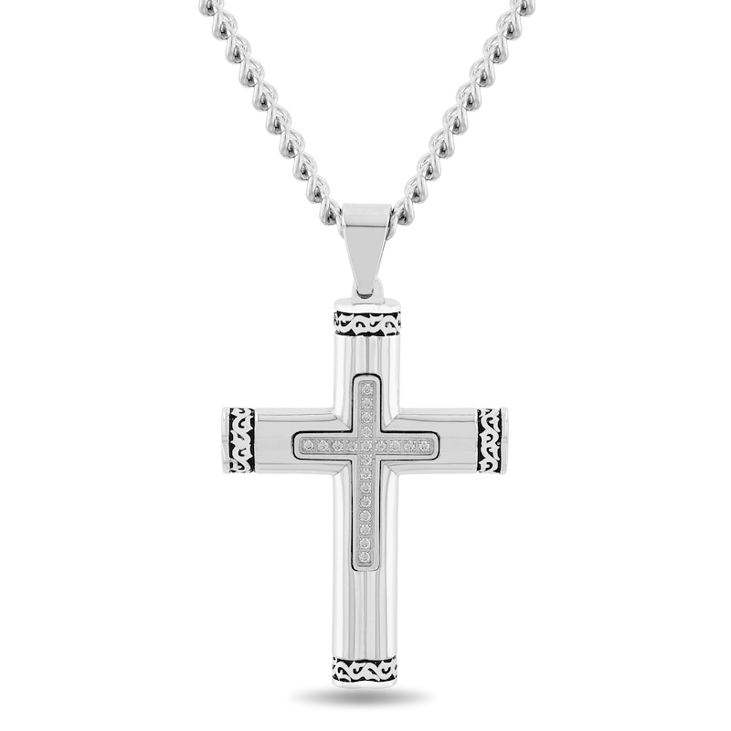 Main Image 1 of Men's 0.10 CT. T.W. Diamond Multi-Finish Crown of Thorns-Ends Cross Pendant in Stainless Steel and Black IP - 24"