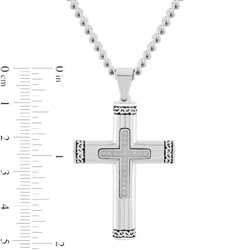 Main Image 2 of Men's 0.10 CT. T.W. Diamond Multi-Finish Crown of Thorns-Ends Cross Pendant in Stainless Steel and Black IP - 24"