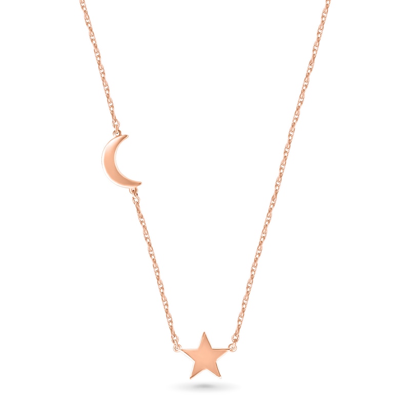 Offset Crescent Moon and Star Necklace in 10K Rose Gold - 17.25"|Peoples Jewellers