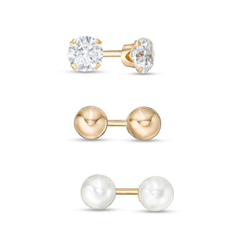 4.0mm Cultured Freshwater Pearl, Cubic Zirconia, and Ball Three Pair Stud Earrings Set in 14K Gold|Peoples Jewellers