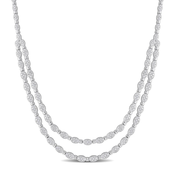0.97 CT. T.W. Composite Oval-Shaped Diamond Double Strand Beaded Necklace in Sterling Silver – 17"