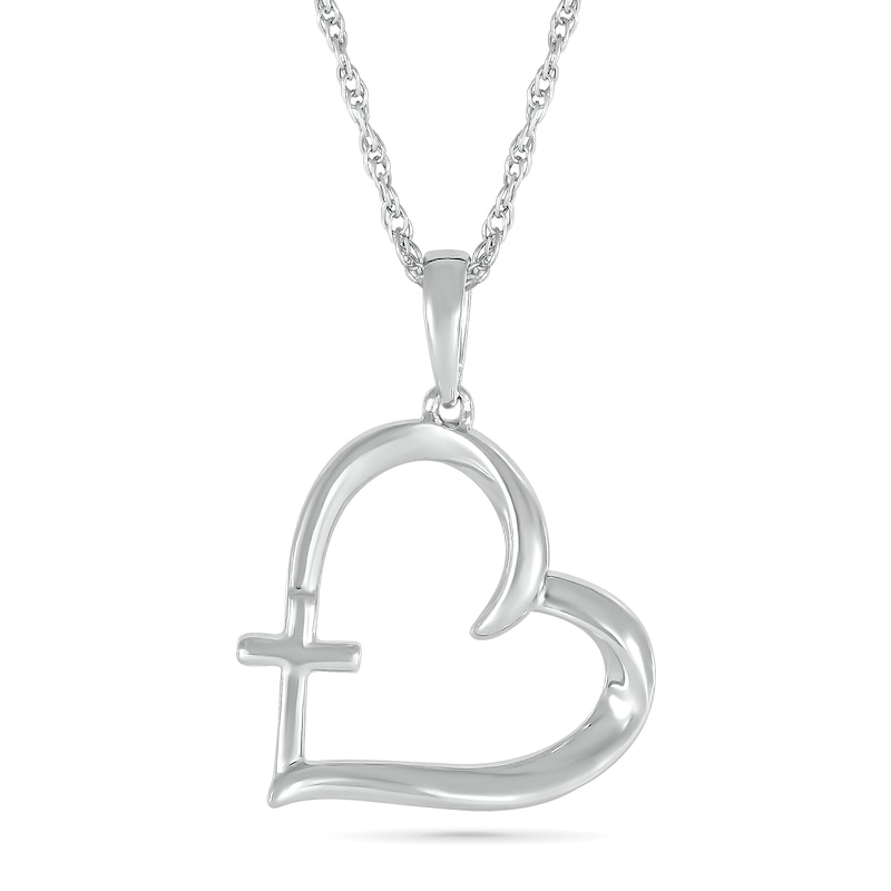 Main Image 1 of Tilted Heart Outline with Cross Pendant in 10K White Gold
