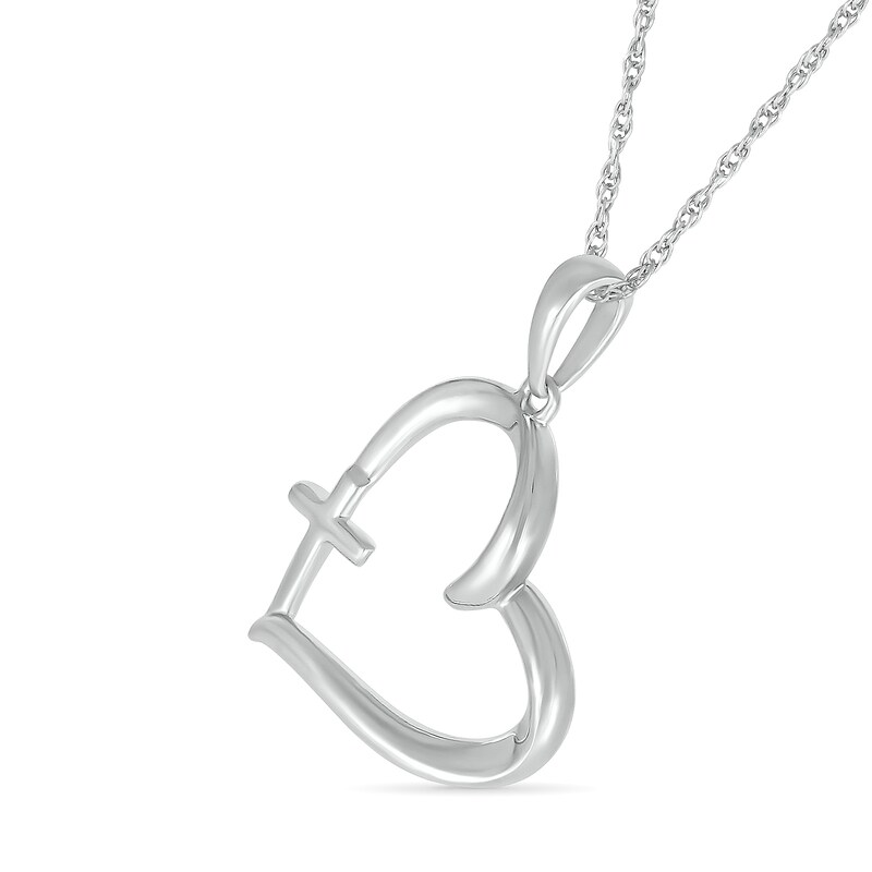 Main Image 2 of Tilted Heart Outline with Cross Pendant in 10K White Gold