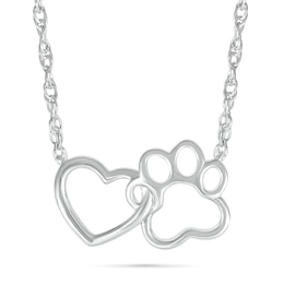 Interlocking Heart and Paw Print Outline Necklace in 10K White Gold - 17.5"