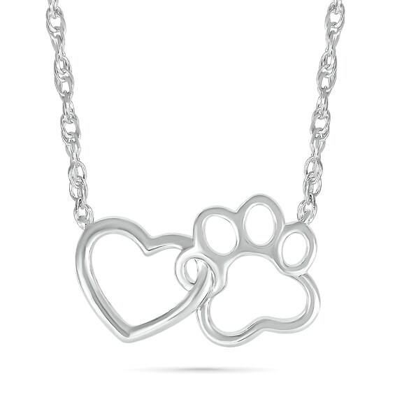 Interlocking Heart and Paw Print Outline Necklace in 10K White Gold - 17.5"