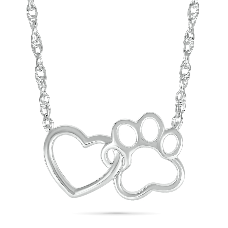 Interlocking Heart and Paw Print Outline Necklace in 10K White Gold - 17.5"
